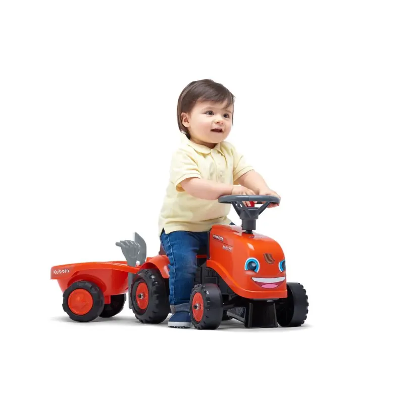 Falk Baby Kubota Ride-on Traktor Med Trailer  Rive Og Skovl