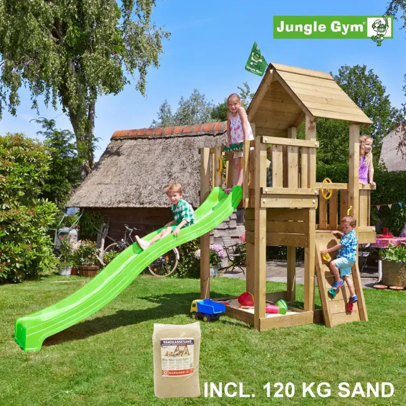 Jungle Gym Cubby Legetårn Komplet  Inkl  120 Kg Sand Og Grøn Rutschebane 804-269sg