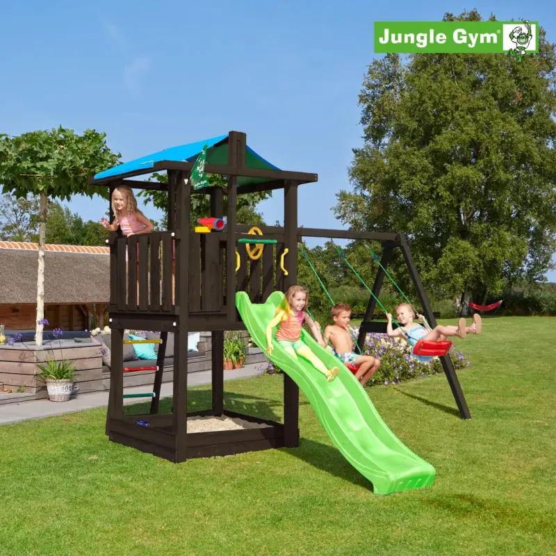 Jungle Gym Hut Legetårn Komplet Inkl  Swing Module Xtra Og Rutschebane  Grundmalet Sort 806-282sx