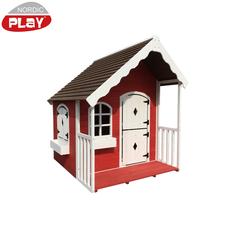 Legehus   Malet Træ Med Veranda  130x140x150 Cm Rød Hvid