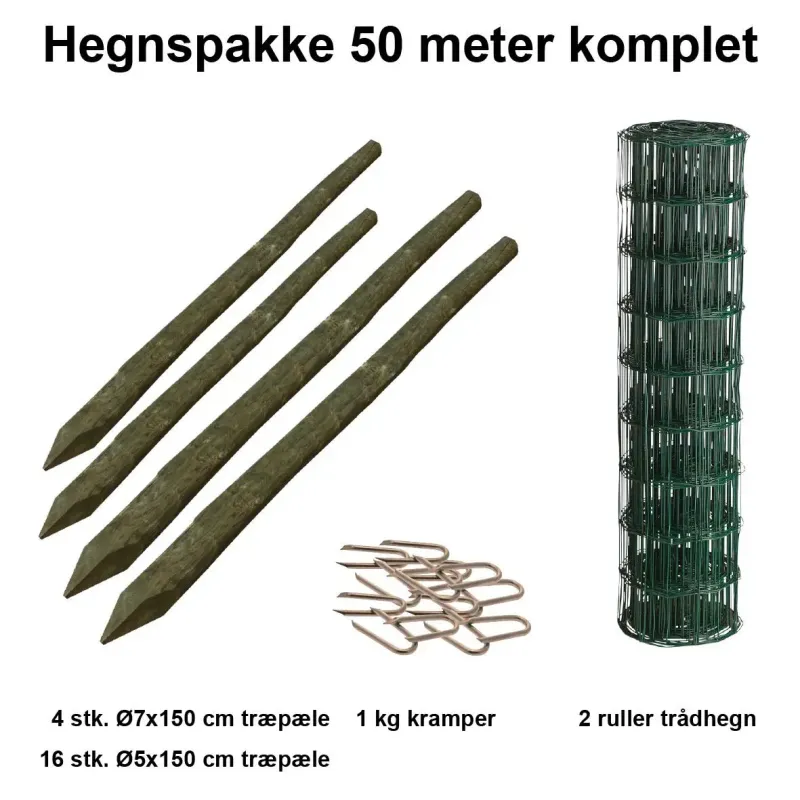 50 Meter Havehegn Inkl  20 Stk  Træpæle Og   Kg Kramper Maskestr  5x10 Cm  :80 Cm