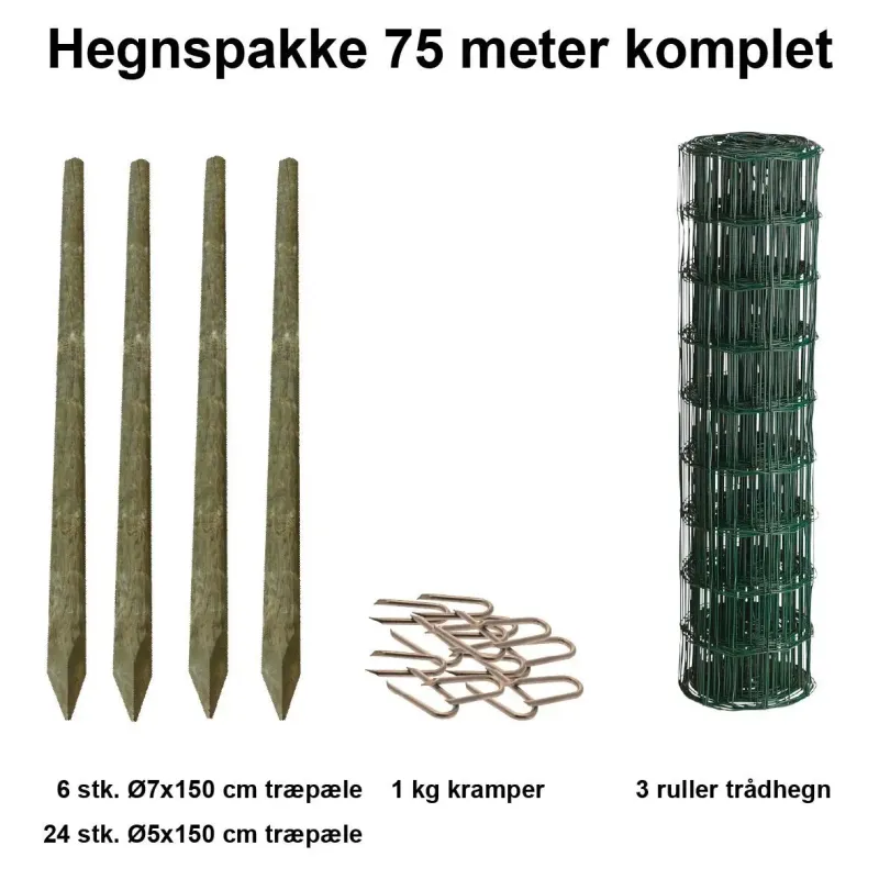 75 Meter Havehegn Inkl  30 Stk  Træpæle Og   Kg Kramper Maskestr  5x10 Cm  :80 Cm