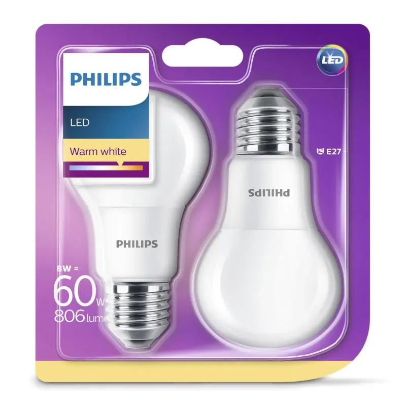 Philips Led Plast 60w  Standard  Varm Hvid Mat  E27  Ikke Dæmpbar    Stk 8718696576830