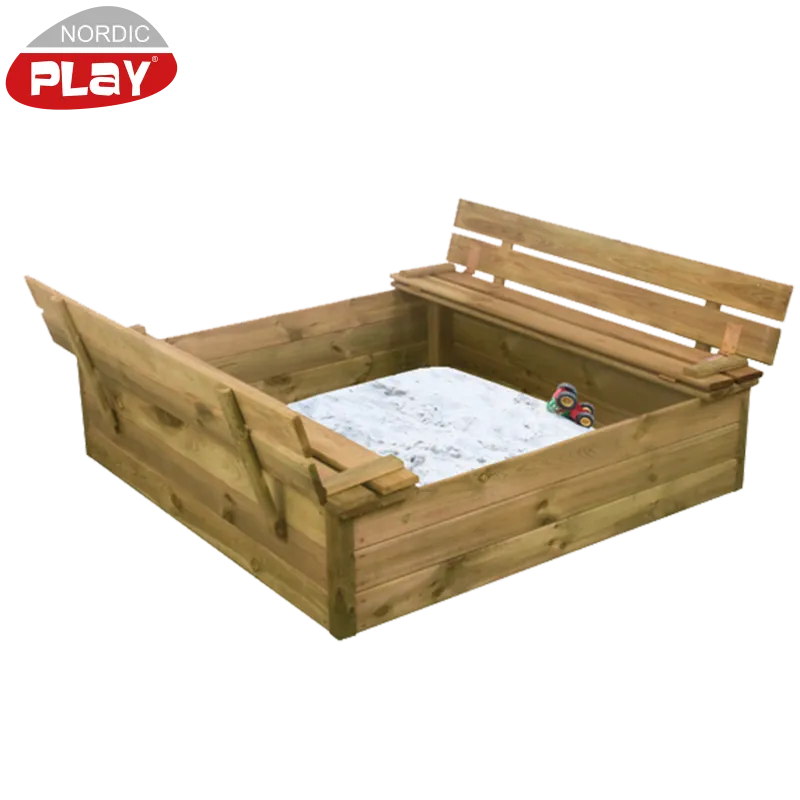 Sandkasse 120x120 Cm Med Vippelåg Og Bænk Og 240 Kg Certificeret Sand