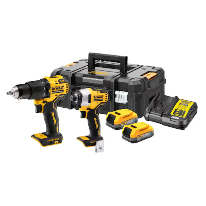 Dewalt 18v Powerstack Kombisæt Med Slagboremaskine  Slagskruetrækker        7ah Batterier Og Lader  Tstak   Dck2062e2t-qw