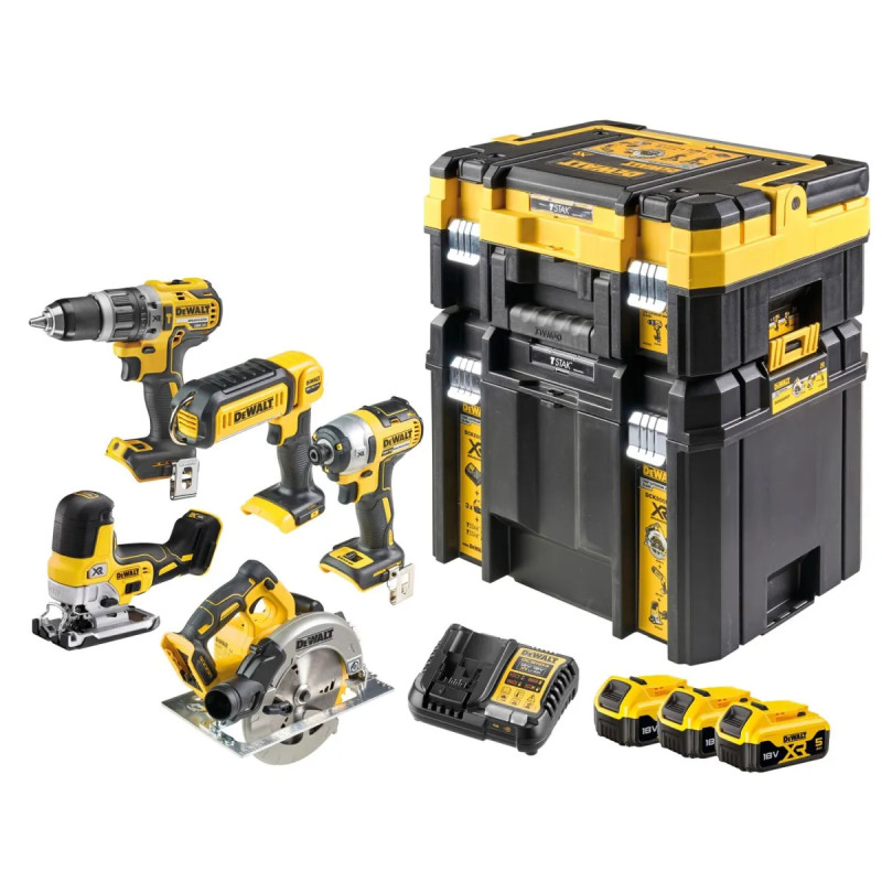 Dewalt 18v Xr Kombisæt Med   Dele      5ah Batterier  Lader Og Tstak   Dck500p3t-qw