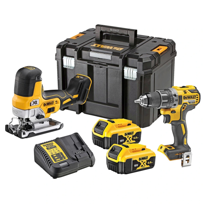 Dewalt 18v Xr Sæt Med Boremaskine Og Stiksav Inkl      5ah Batterier   Dck298p2t-qw