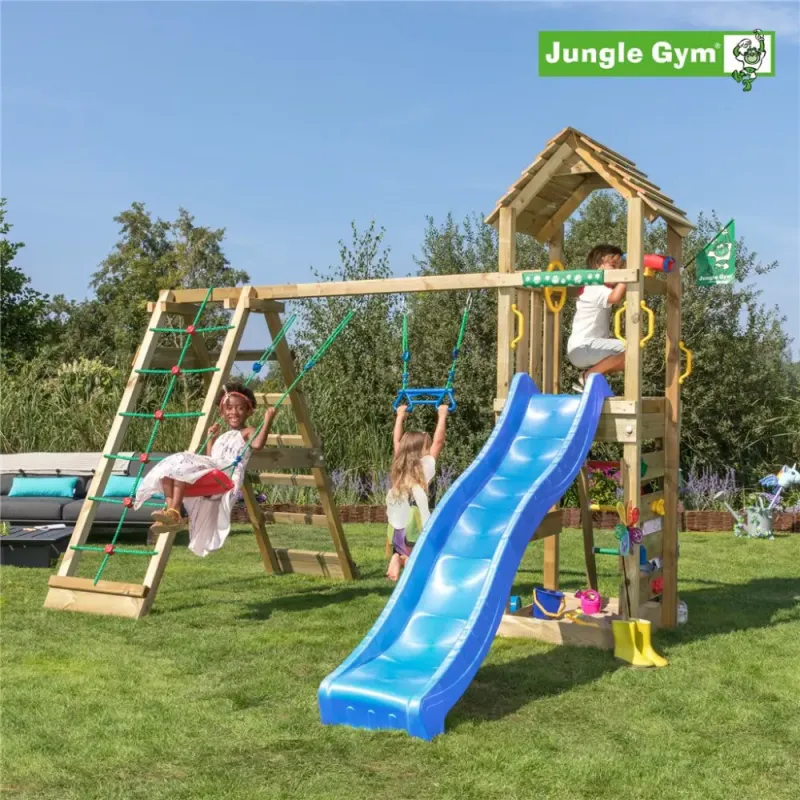 Jungle Gym Cocoon Legetårn Komplet Inkl  Klatremodul   Og Blå Rutschebane 804-071c2b