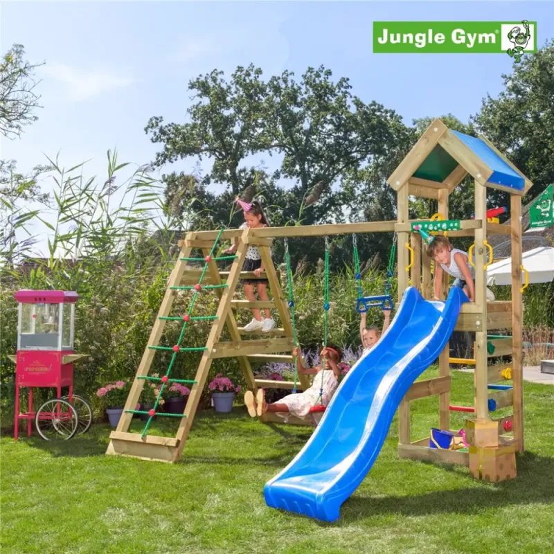 Jungle Gym Patio Legetårn Komplet Inkl  Klatremodul   Og Blå Rutschebane 804-070c2b