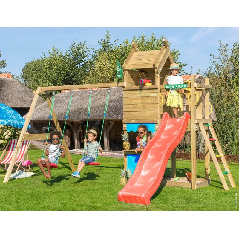 Jungle Gym Resort Legetårn Komplet Inkl  Gyngemodul Og Rød Rutschebane 804-087s2r