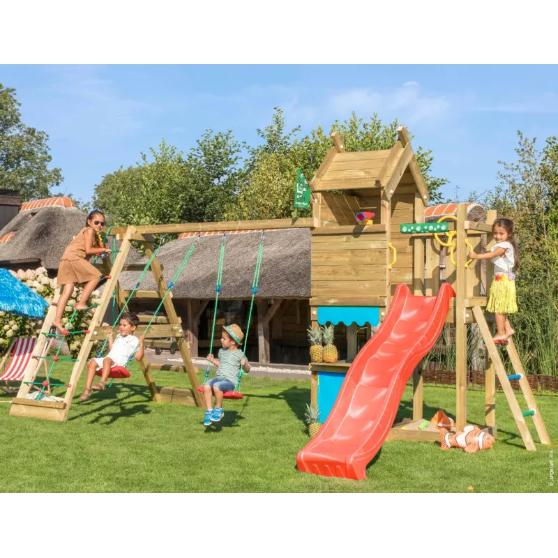 Jungle Gym Resort Legetårn Komplet Inkl  Klatremodul Og Rød Rutschebane 804-087c2r