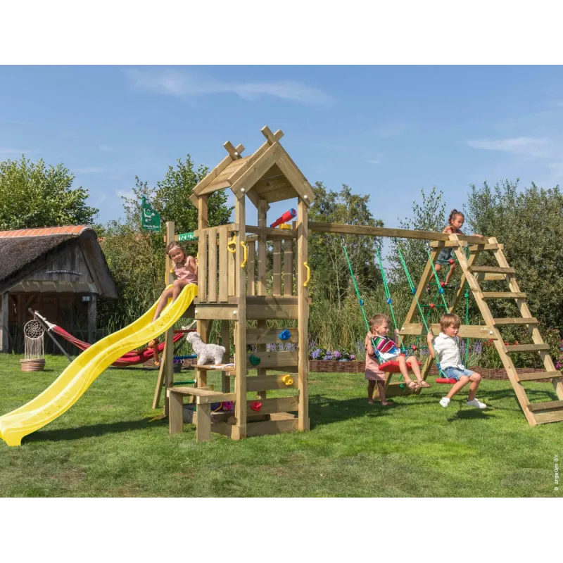 Jungle Gym Teepee Legetårn Komplet Inkl  Klatremodul Og Gul Rutschebane 804-088c2gu