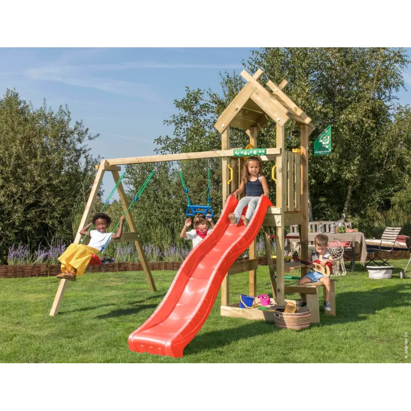 Jungle Gym Totem Legetårn Komplet Inkl  Gyngemodul Og Rød Rutschebane 804-073s2r