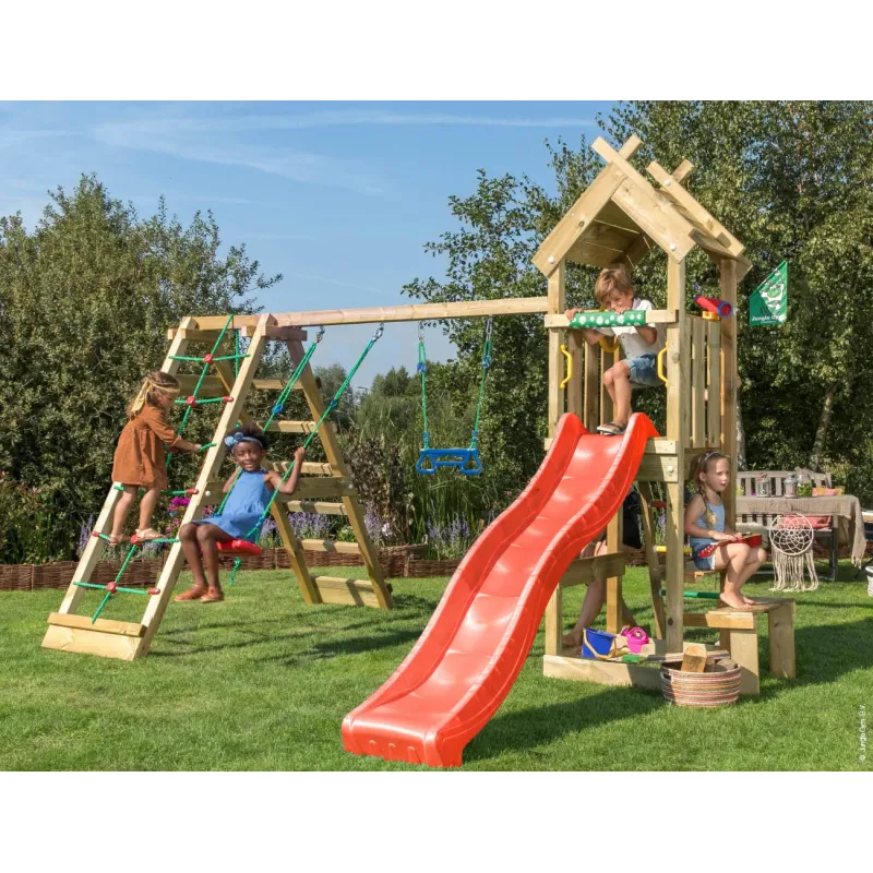 Jungle Gym Totem Legetårn Komplet Inkl  Klatremodul Og Rød Rutschebane 804-073c2r