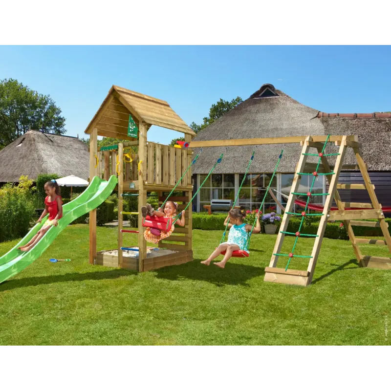Legetårn Komplet Jungle Gym Cabin     Inkl  Climb Modul 120 Kg Sand Og Grøn Rutsjebane