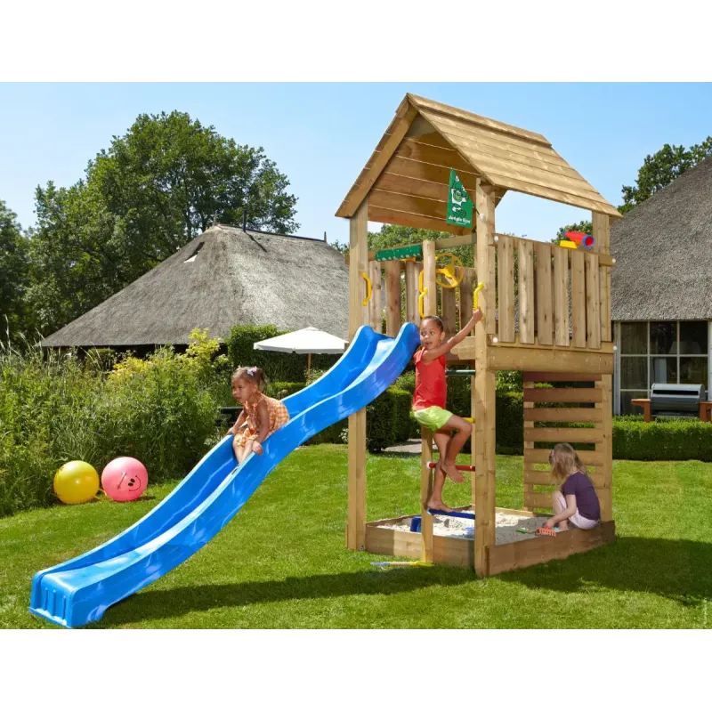 Legetårn Komplet Jungle Gym Cabin     Inkl  120 Kg Sand Og Blå Rutsjebane