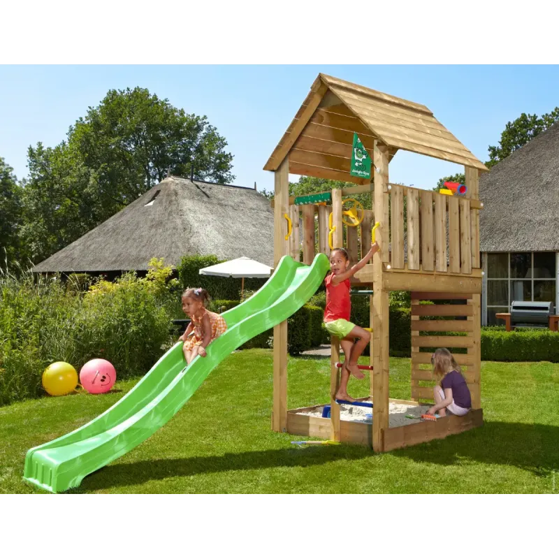 Legetårn Komplet Jungle Gym Cabin     Inkl  120 Kg Sand Og Grøn Rutsjebane