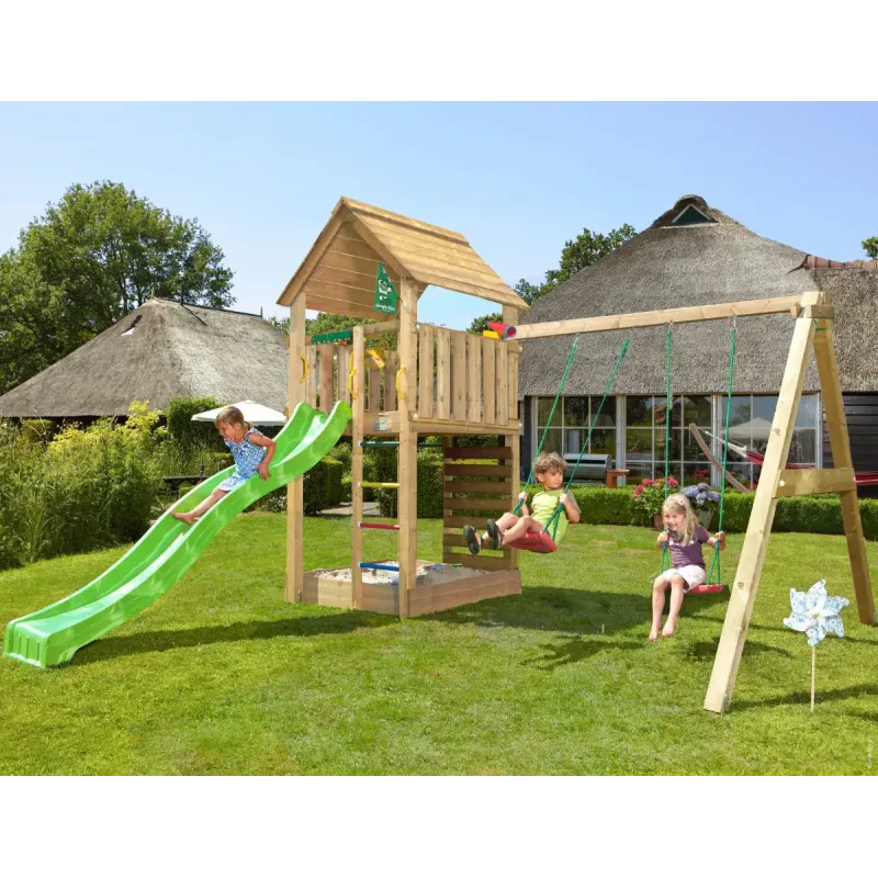 Legetårn Komplet Jungle Gym Cabin     Inkl  Swing Modul 120 Kg Sand Og Grøn Rutsjebane