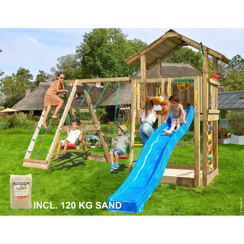 Legetårn Komplet Jungle Gym Chalet     Inkl  Climb Module   Tra  120 Kg Sand Og Blå Rutschebane 804-432cxsb