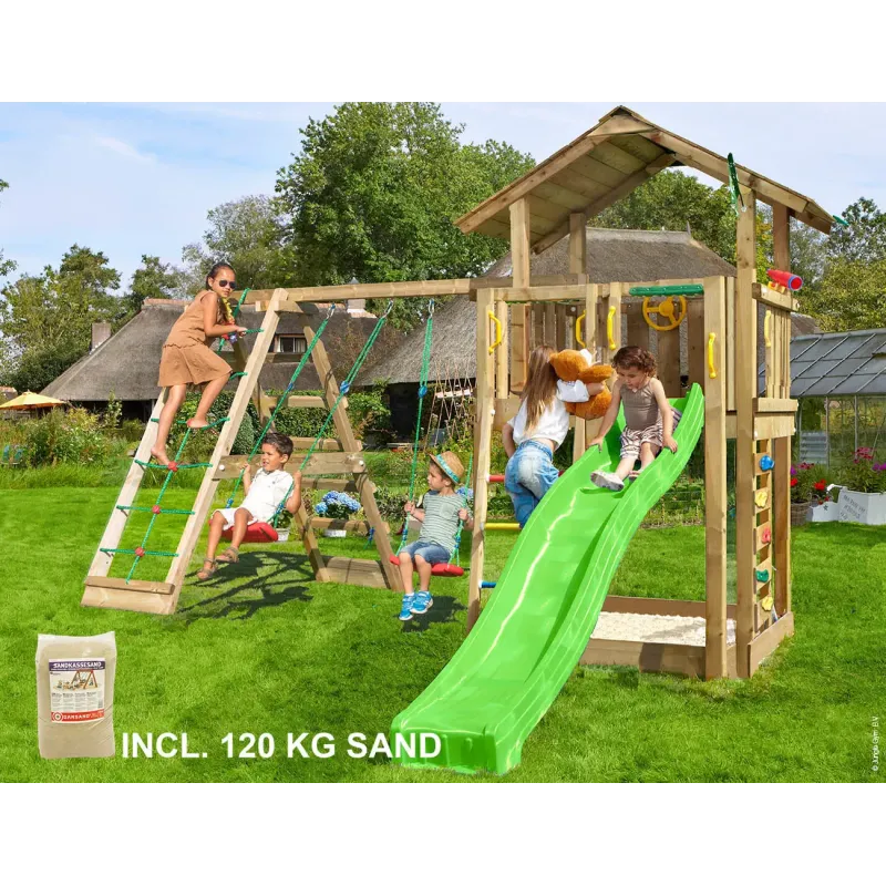 Legetårn Komplet Jungle Gym Chalet     Inkl  Climb Module   Tra  120 Kg Sand Og Grøn Rutschebane 804-432cxsg