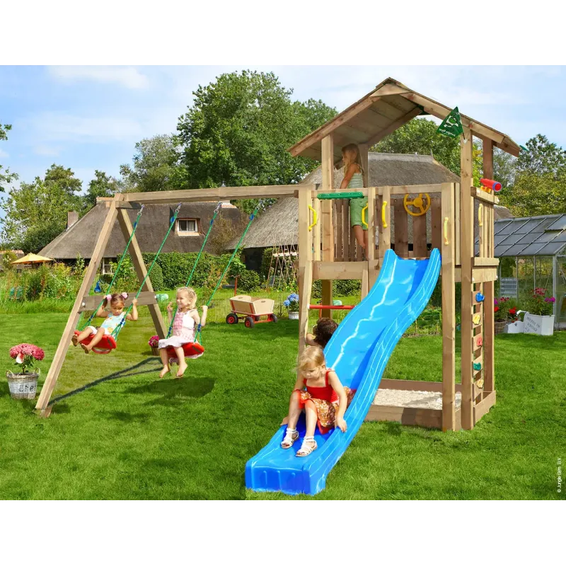 Legetårn Komplet Jungle Gym Chalet     Inkl  Swing Module   Tra  120 Kg Sand Og Blå Rutschebane 804-432sxsb