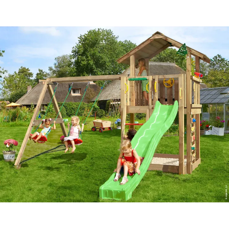 Legetårn Komplet Jungle Gym Chalet     Inkl  Swing Module   Tra  120 Kg Sand Og Grøn Rutschebane 804-432sxsg