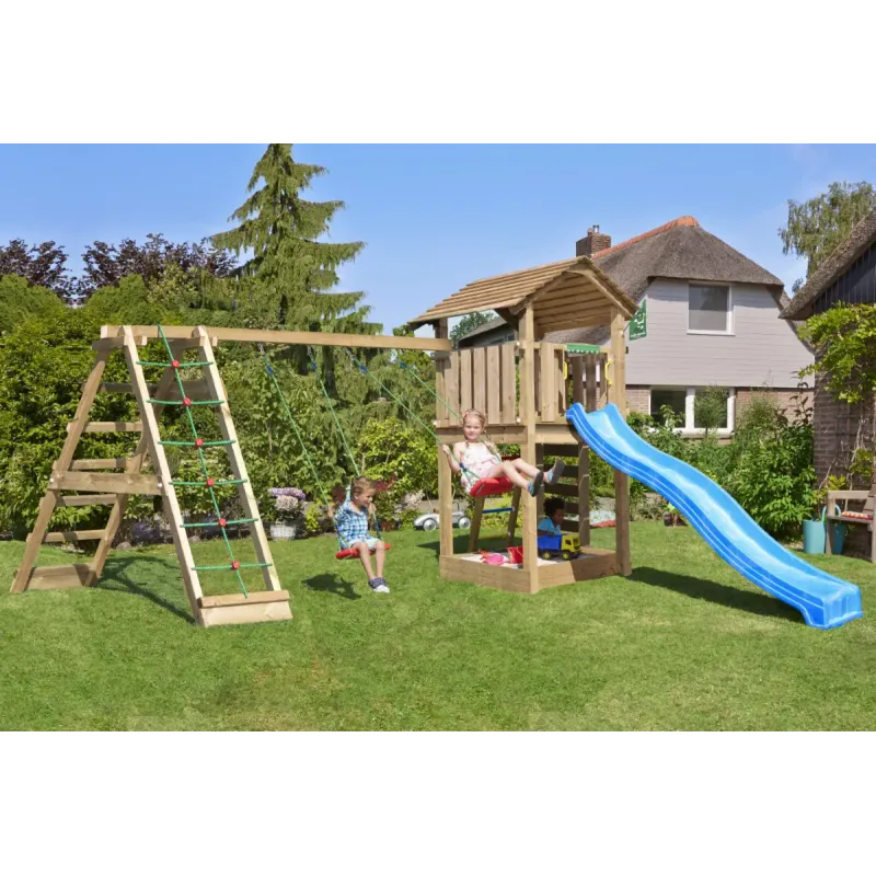 Legetårn Komplet Jungle Gym Cottage     Inkl  Climb Modul 120 Kg Sand Og Blå Rutschebane