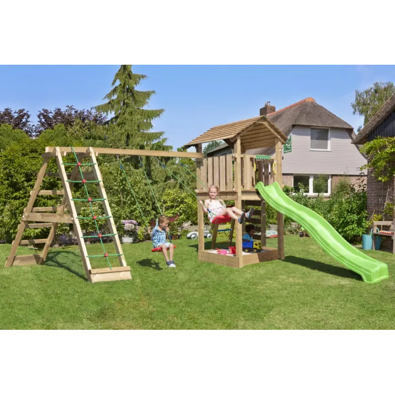 Legetårn Komplet Jungle Gym Cottage     Inkl  Climb Modul 120 Kg Sand Og Grøn Rutschebane