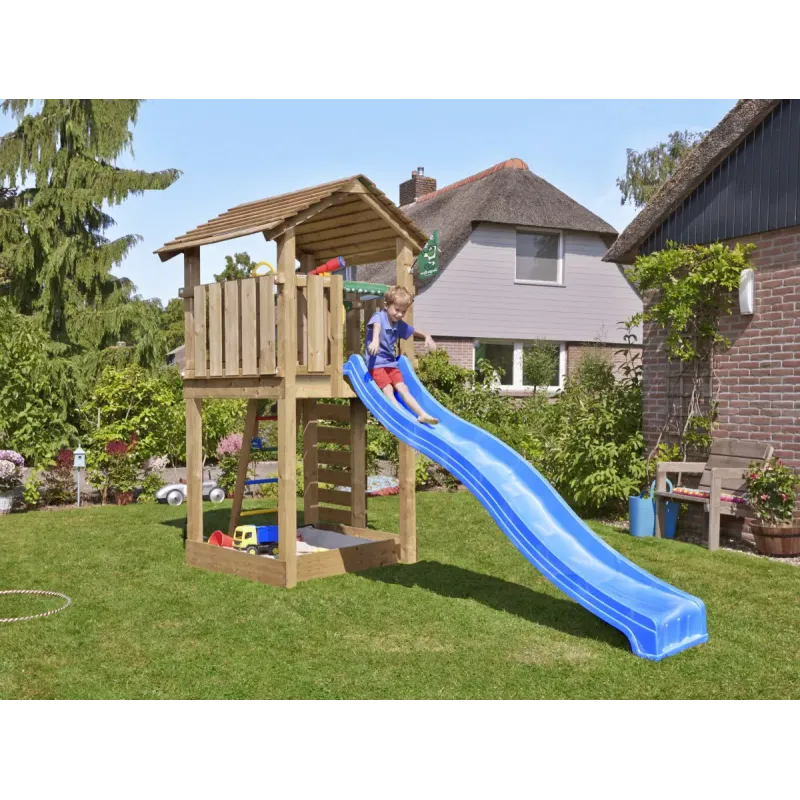 Legetårn Komplet Jungle Gym Cottage     Inkl  120 Kg Sand Og Blå Rutschebane