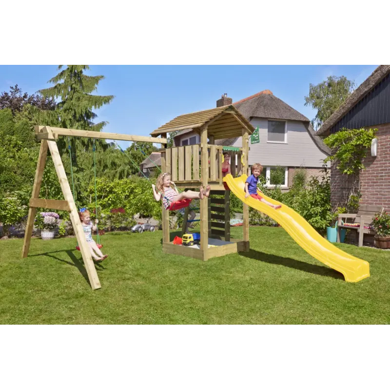 Legetårn Komplet Jungle Gym Cottage     Inkl  Swing Modul Og Gul Rutschebane