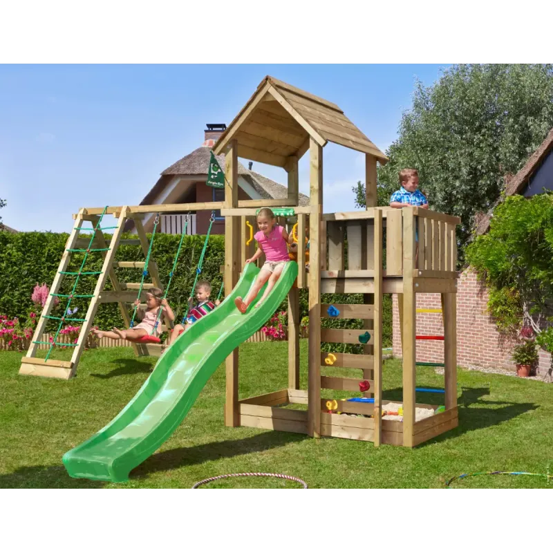 Legetårn Komplet Jungle Gym Mansion     Inkl  Climb Modul  120 Kg Sand Og Grøn Rutsjebane