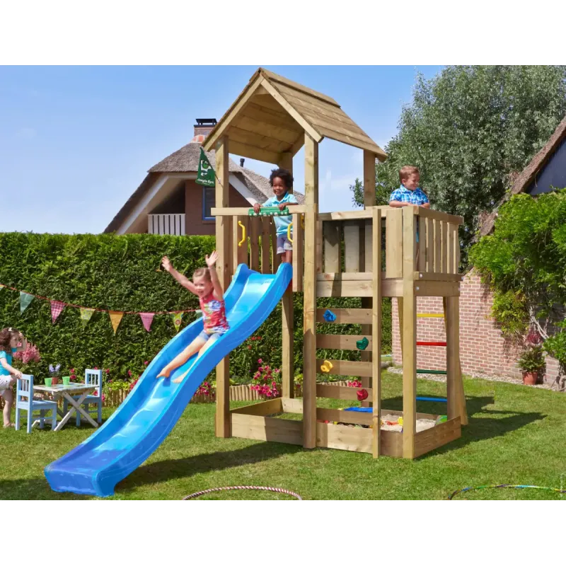 Legetårn Komplet Jungle Gym Mansion     Inkl  120 Kg Sand Og Blå Rutsjebane
