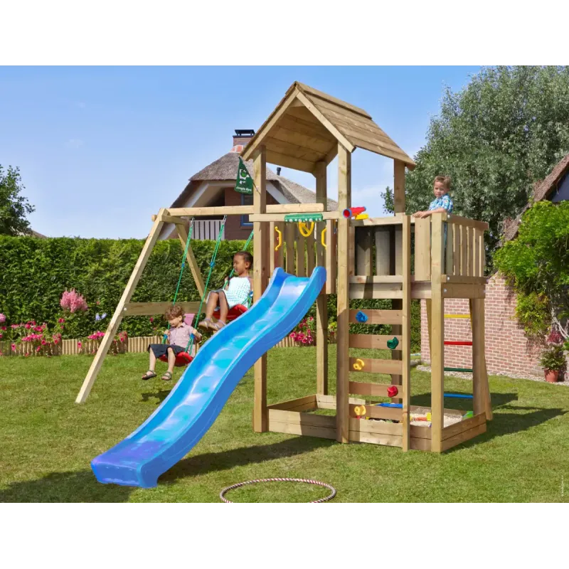 Legetårn Komplet Jungle Gym Mansion     Inkl  Swing Modul  120 Kg Sand Og Blå Rutsjebane