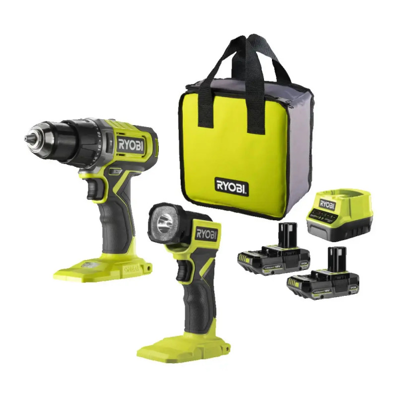 Ryobi Slagboremaskine   Lygte Sæt Inkl  Lader   2x1   Ah Batteri